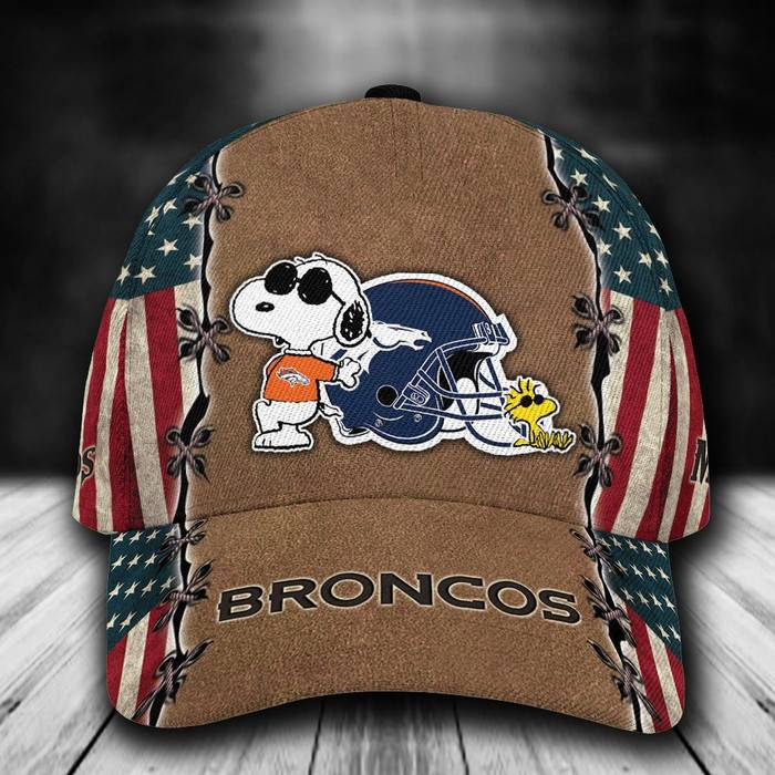 Personalized Denver Broncos Snoopy USA Flag 3D Baseball Cap Brown CNI1687
