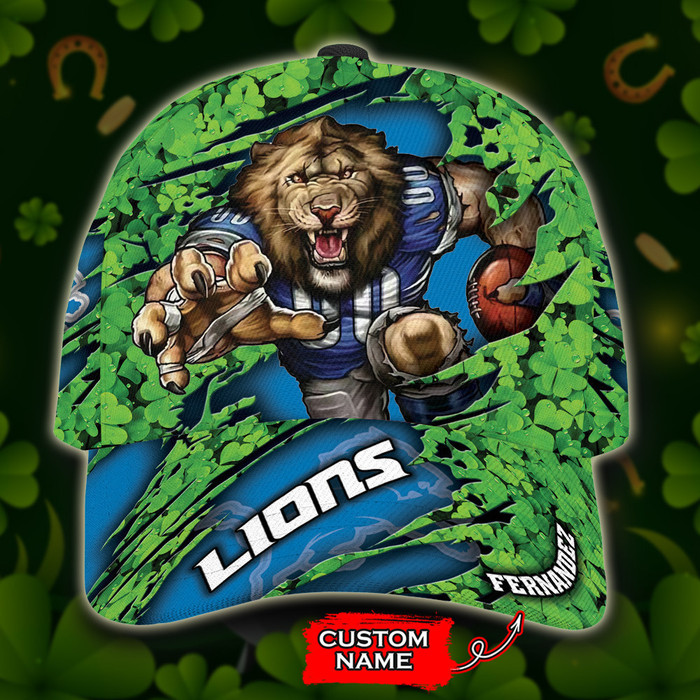 Personalized Detroit Lions Mascot St Patrick Day 3D Baseball Cap Blue Green CNI1063