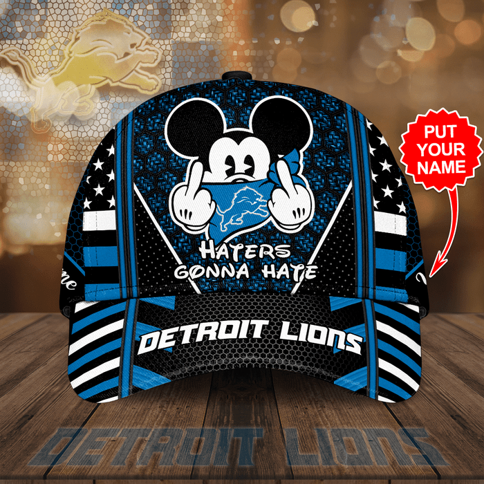 Personalized Detroit Lions Mickey Mouse Haters Gonna Hate 3D Baseball Cap Black Blue CNI2079