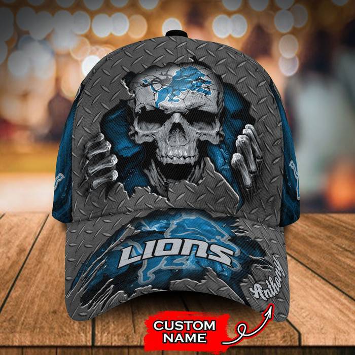 Personalized Detroit Lions Skull 3D Baseball Cap Blue CNI1703