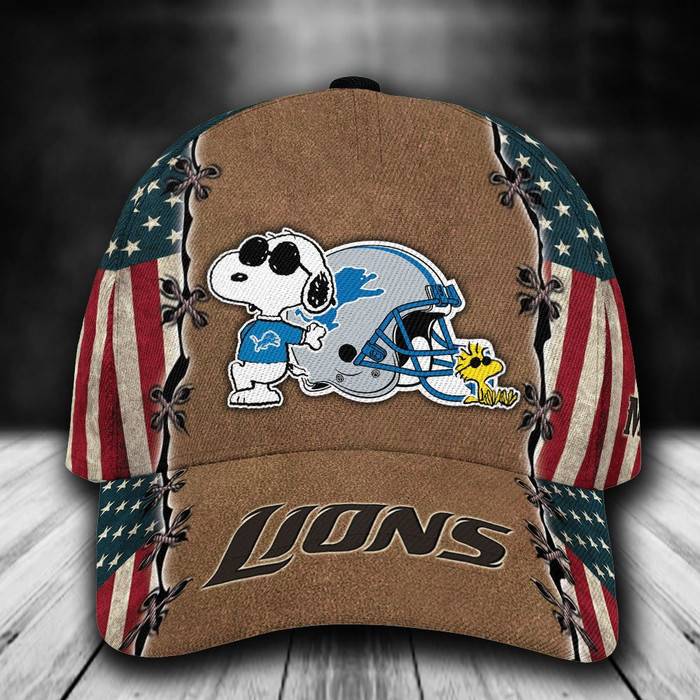 Personalized Detroit Lions Snoopy USA Flag 3D Baseball Cap Brown CNI1430