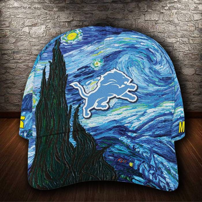 Personalized Detroit Lions Starry Night Van Gogh 3D Baseball Cap CNI1150