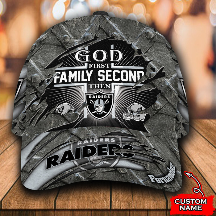 Personalized God First Family Second Then Las Vegas Raiders 3D Baseball Cap CNI1608
