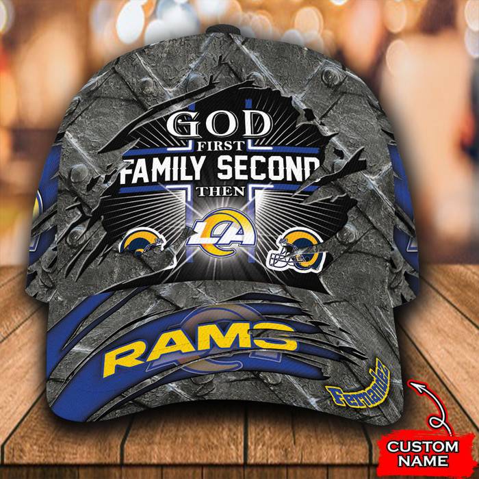 Personalized God First Family Second Then Los Angeles Rams 3D Baseball Cap CNI1951