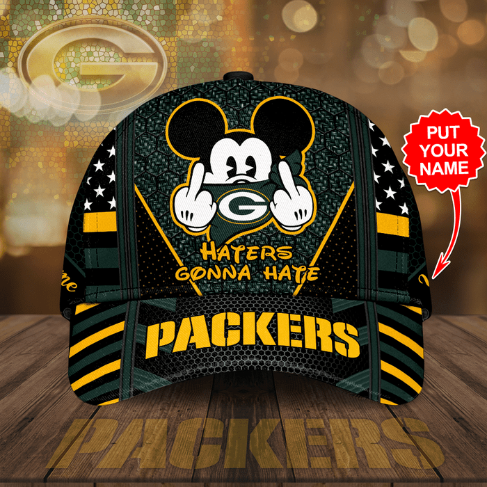 Personalized Green Bay Packers Mickey Mouse Haters Gonna Hate 3D Baseball Cap Black Dark Green CNI2091