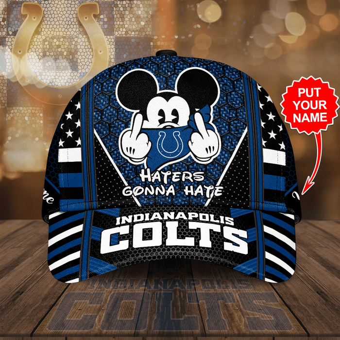 Personalized Indianapolis Colts Mickey Mouse Haters Gonna Hate 3D Baseball Cap Black Navy CNI2003