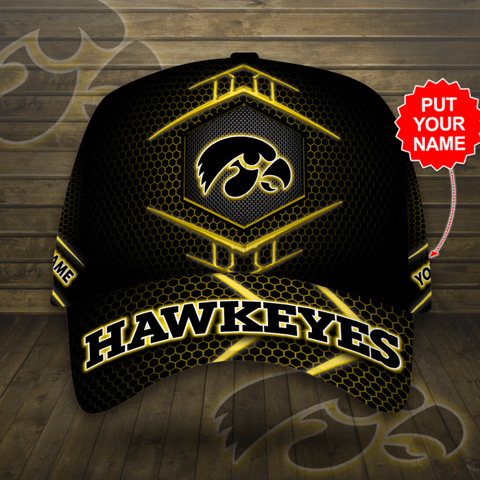 Personalized Iowa Hawkeyes Beehive Hexagon Pattern 3D Baseball Cap Black Yellow CNI2093