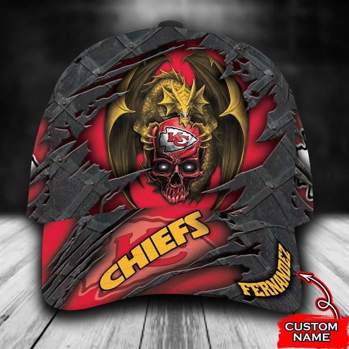 Personalized Kansas City Chiefs Dragon Skull 3D Baseball Cap Red CNI1696