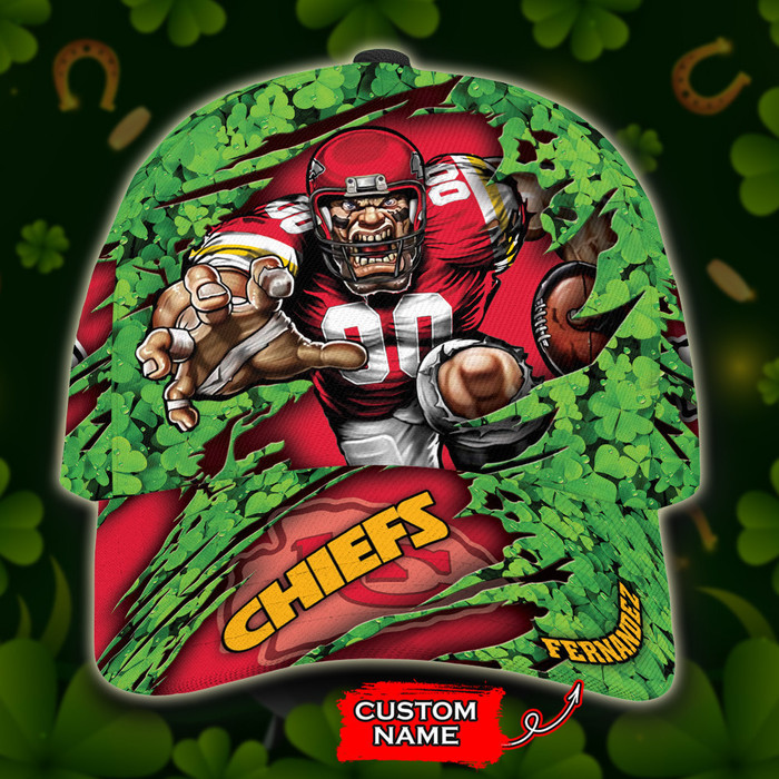 Personalized Kansas City Chiefs Mascot St Patrick Day 3D Baseball Cap Green Red CNI1004