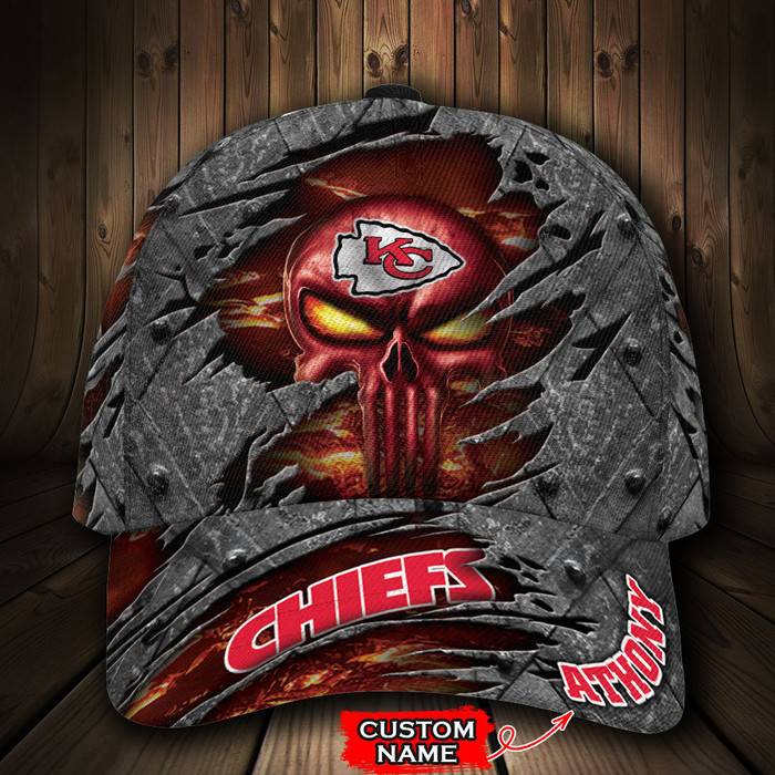 Personalized Kansas City Chiefs Skull 3D Baseball Cap Red CNI1576
