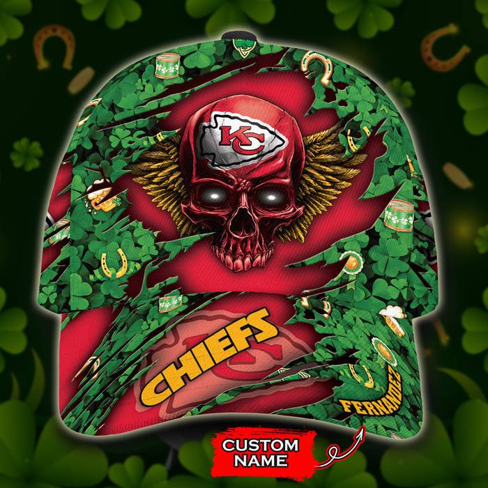 Personalized Kansas City Chiefs St Patrick Day Skull 3D Baseball Cap Green Red CNI1015