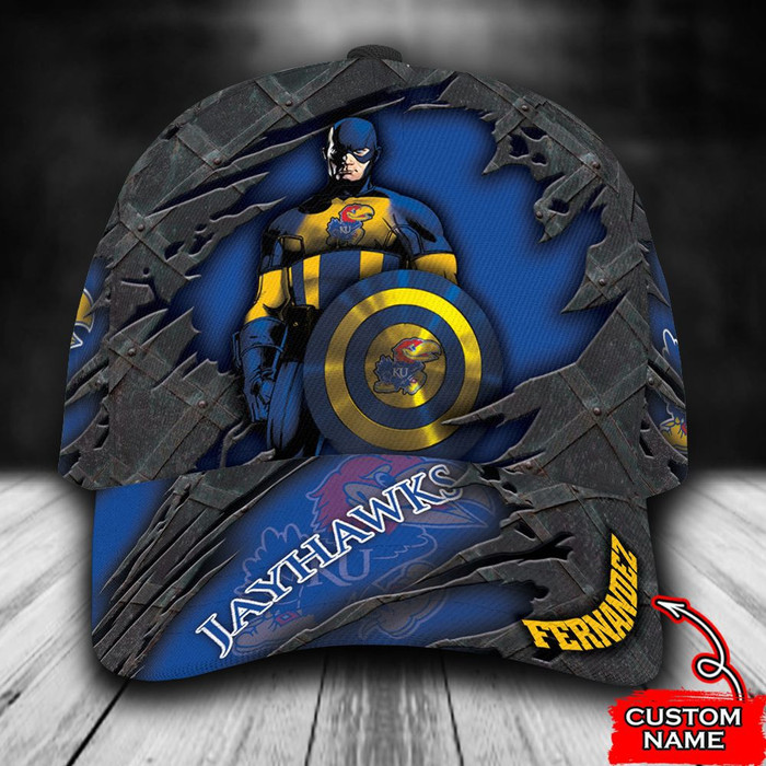 Personalized Kansas Jayhawks Captain America Marvel 3D Baseball Cap Blue CNI1006