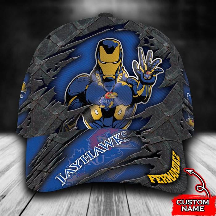 Personalized Kansas Jayhawks Iron Man Marvel 3D Baseball Cap Blue CNI1117