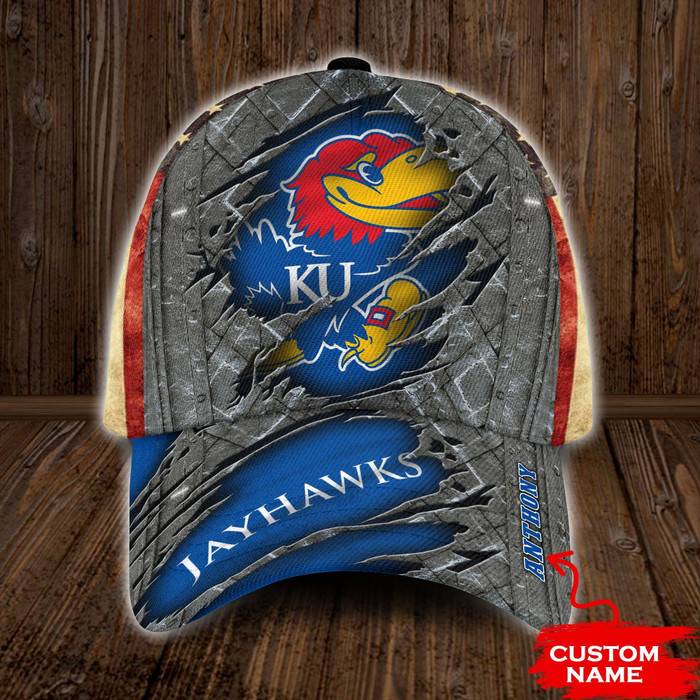 Personalized Kansas Jayhawks USA Flag 3D Baseball Cap Blue CNI1625