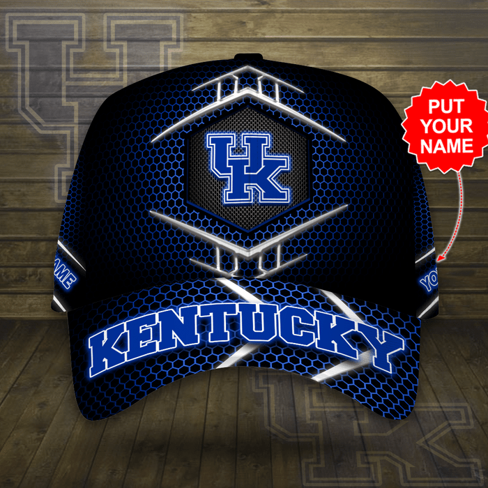 Personalized Kentucky Wildcats Beehive Hexagon Pattern 3D Baseball Cap Black Blue CNI2014