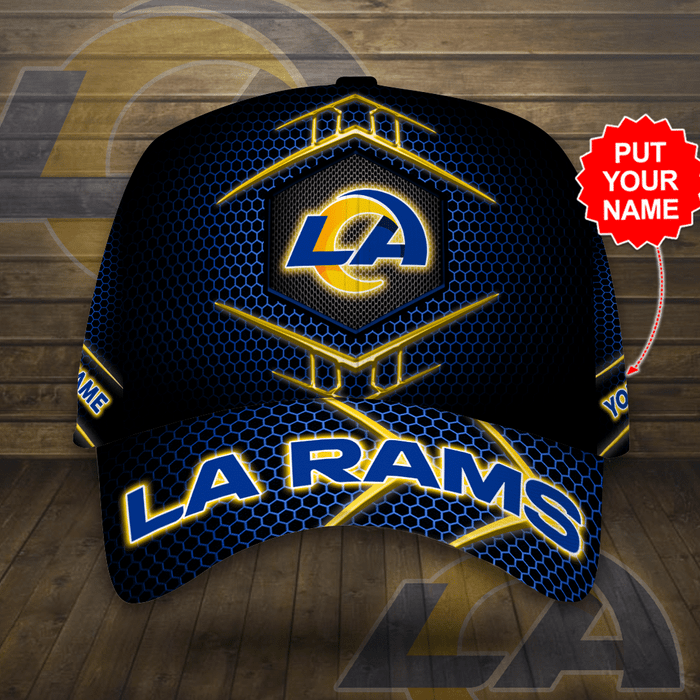 Personalized Los Angeles Rams Beehive Hexagon Pattern 3D Baseball Cap Black Blue CNI2035
