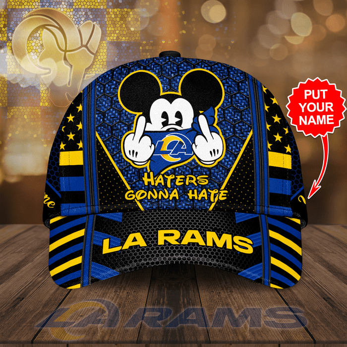 Personalized Los Angeles Rams Mickey Mouse Haters Gonna Hate 3D Baseball Cap Black Neon Blue CNI2082