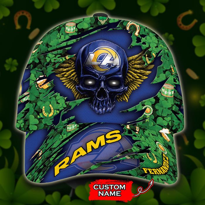 Personalized Los Angeles Rams St Patrick Day Skull 3D Baseball Cap Blue Green CNI1081