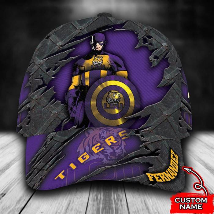 Personalized LSU Tigers Captain America Marvel 3D Baseball Cap Purple CNI1091