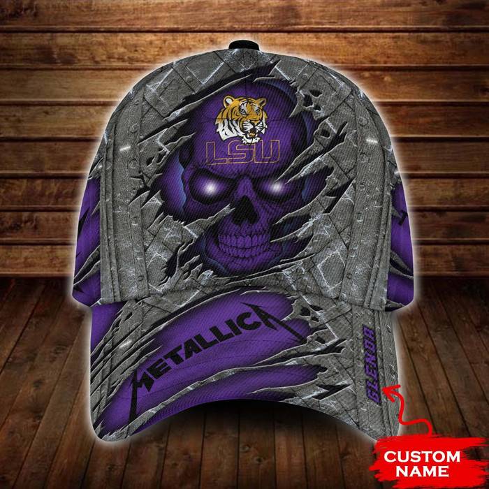 Personalized LSU Tigers Metallica Band Skull 3D Baseball Cap Purple CNI1697