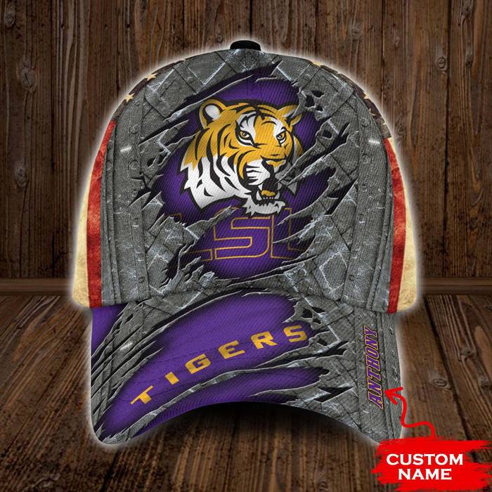 Personalized LSU Tigers USA Flag 3D Baseball Cap Purple CNI1750