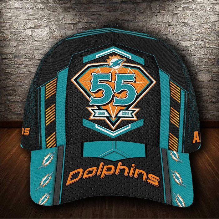 Personalized Miami Dolphins 55 Years Anniversary 1966 2021 3D Baseball Cap Black Blue CNI1007