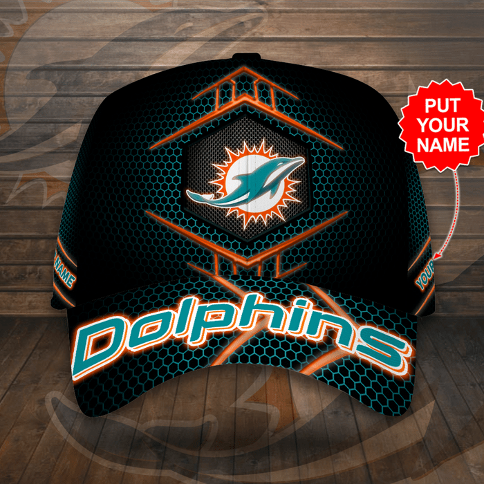 Personalized Miami Dolphins Beehive Hexagon Pattern 3D Baseball Cap Black Turquoise CNI2039