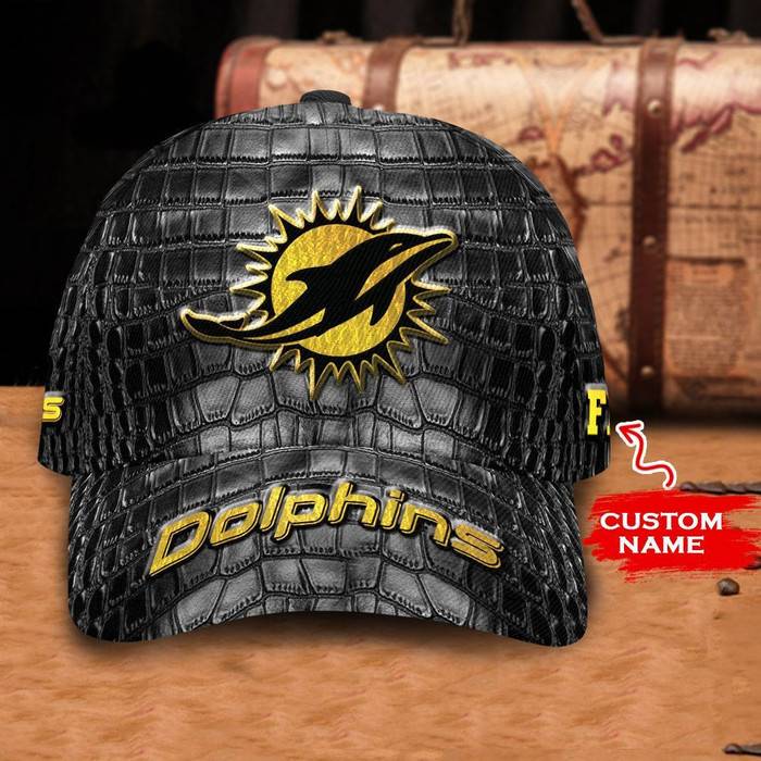 Personalized Miami Dolphins Leather 3D Baseball Cap Black CNI1698