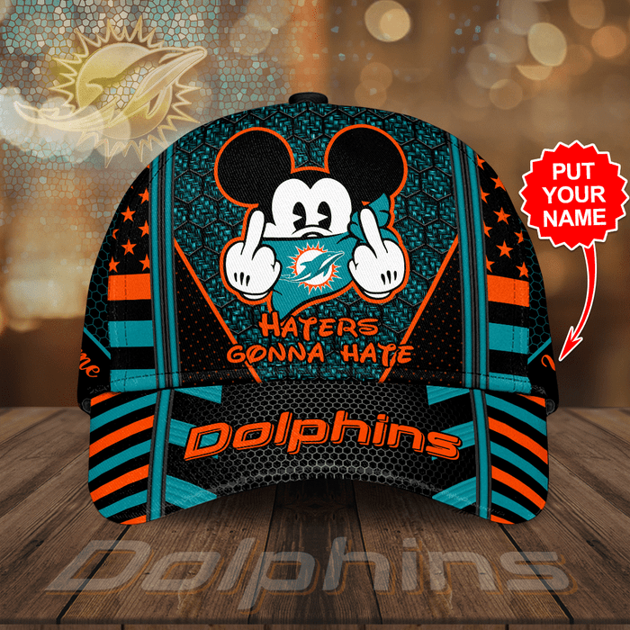 Personalized Miami Dolphins Mickey Mouse Haters Gonna Hate 3D Baseball Cap Black Turquoise CNI2044