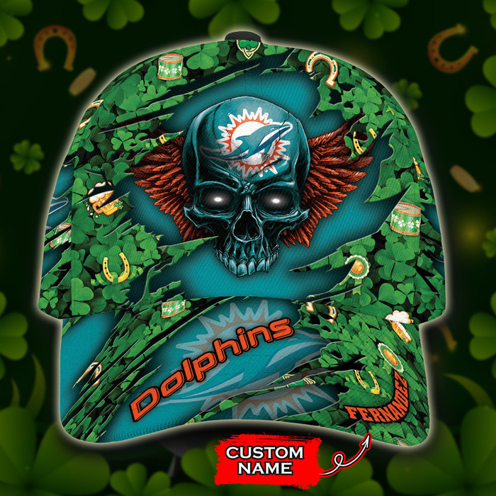 Personalized Miami Dolphins St Patrick Day Skull 3D Baseball Cap Blue Green CNI1460