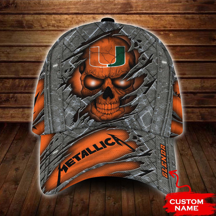 Personalized Miami Hurricanes Metallica Band Skull 3D Baseball Cap Orange CNI1722