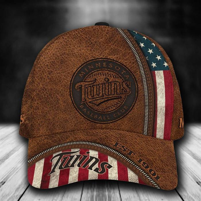 Personalized Minnesota Twins USA Flag Zip 3D Baseball Cap Brown CNI1813