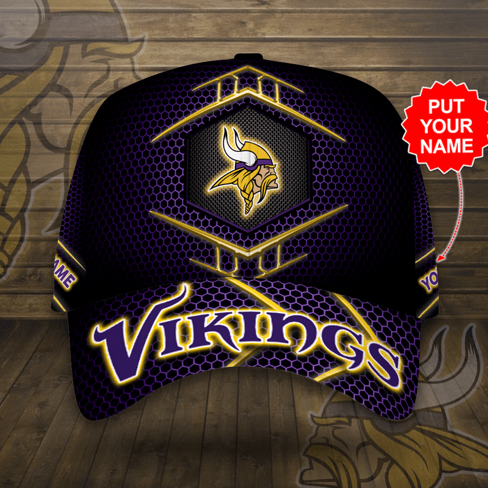 Personalized Minnesota Vikings Beehive Hexagon Pattern 3D Baseball Cap Black Purple CNI2058