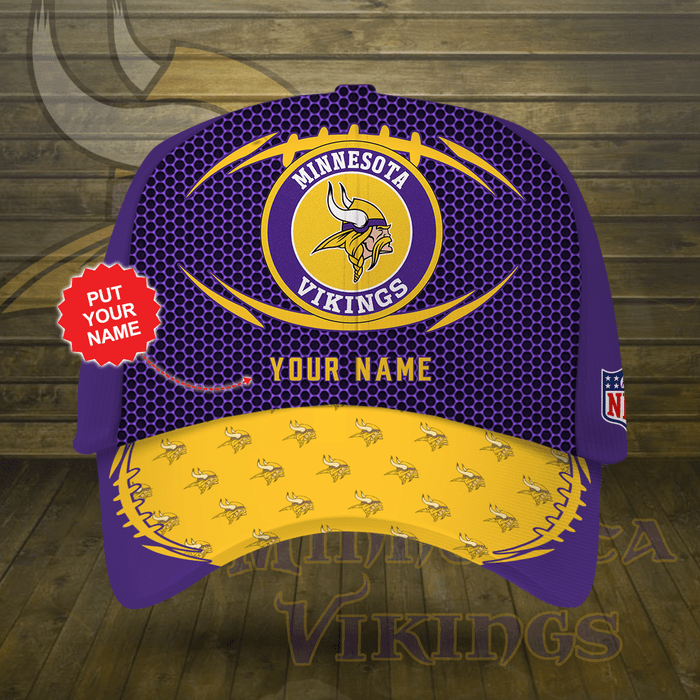 Personalized Minnesota Vikings Beehive Hexagon Pattern 3D Baseball Cap Purple Yellow CNI2030