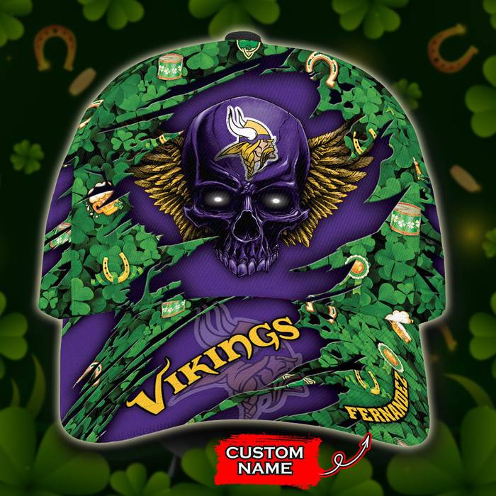 Personalized Minnesota Vikings Skull St Patricks Day 3D Classic Baseball Cap CNI226