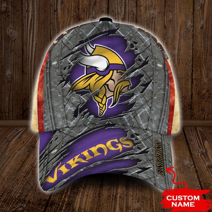 Personalized Minnesota Vikings USA Flag 3D Baseball Cap Purple CNI1763