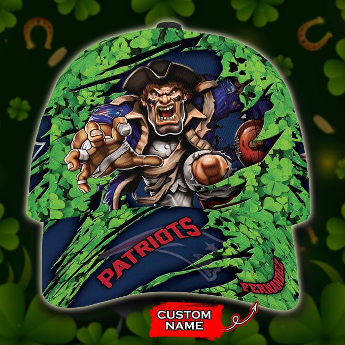 Personalized New England Patriots St Patrick Day Mascot 3D Baseball Cap Blue Green CNI1589