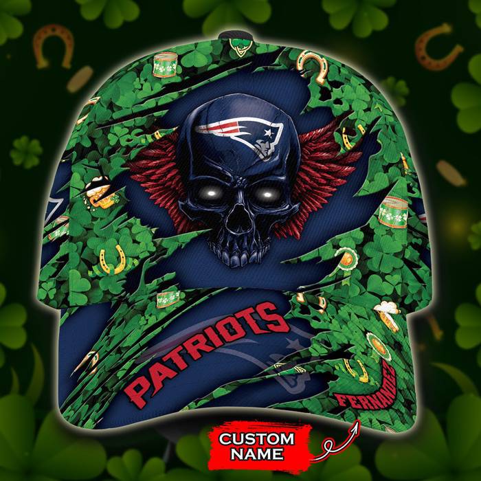 Personalized New England Patriots St Patrick Day Skull 3D Baseball Cap Blue Green CNI1684