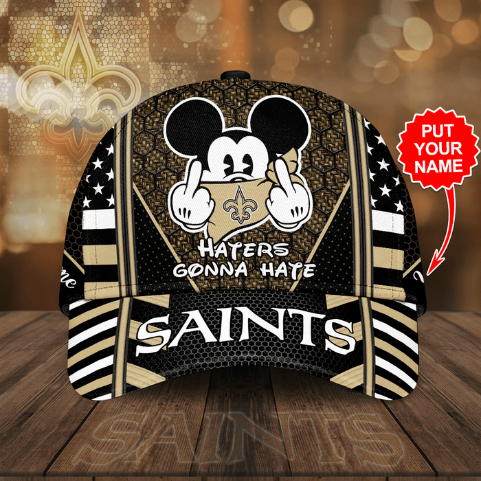 Personalized New Orleans Saints Mickey Mouse Haters Gonna Hate 3D Baseball Cap Black Beige CNI2092
