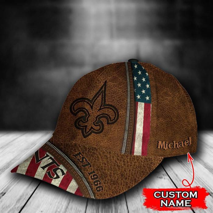 Personalized New Orleans Saints USA Flag Zipper 3D Classic Baseball Cap Brown CNI1229