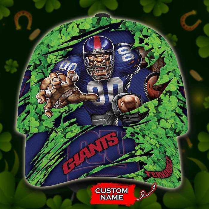 Personalized New York Giants Mascot St Patrick Day 3D Baseball Cap Blue Green CNI1050