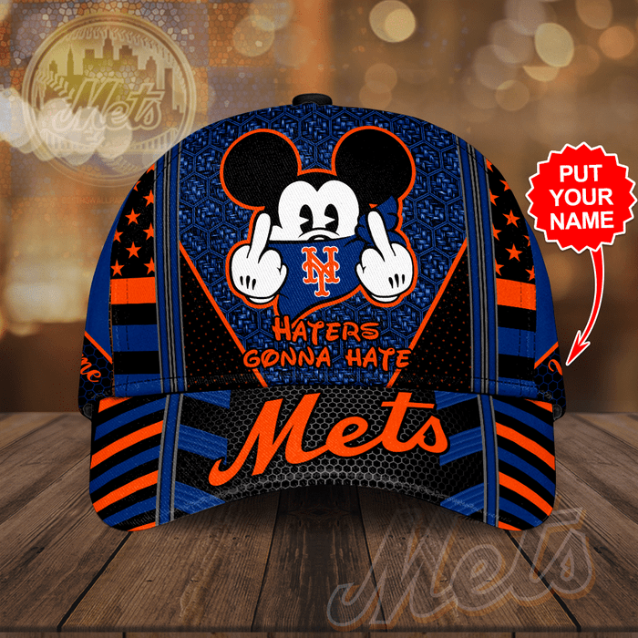 Personalized New York Mets Mickey Mouse Haters Gonna Hate 3D Baseball Cap Black Neon Blue CNI2081