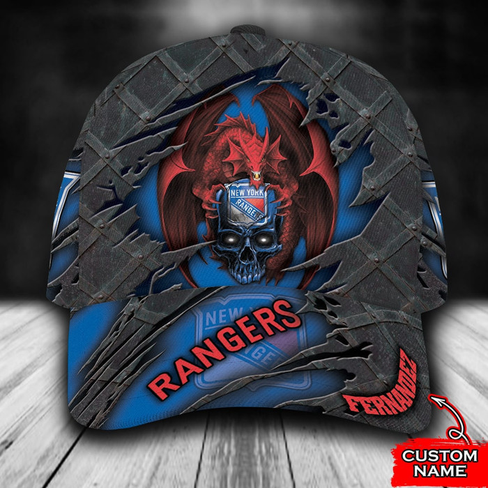 Personalized New York Rangers Dragon Skull 3D Baseball Cap Blue CNI1143