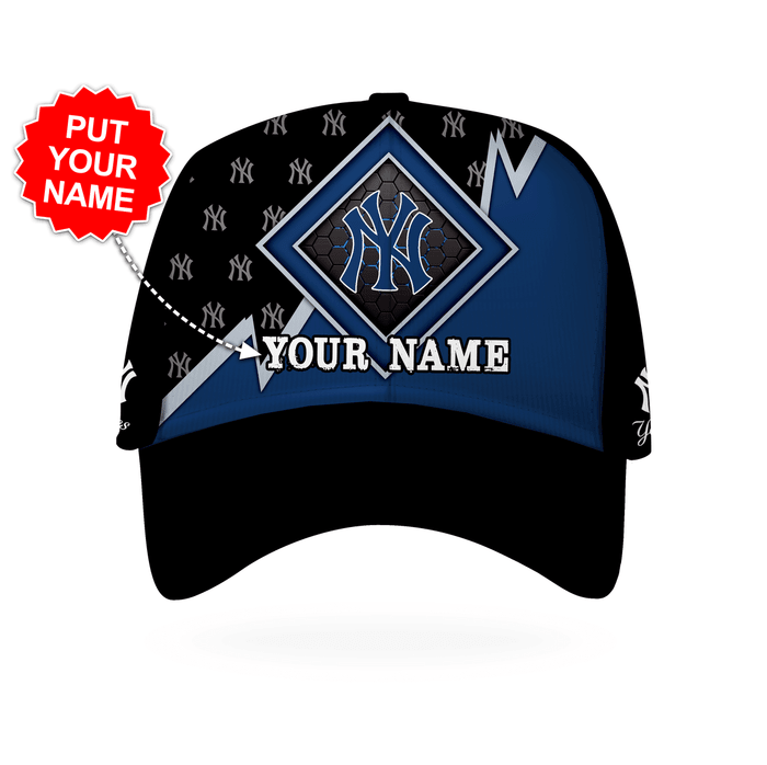 Personalized New York Yankees Logo Lightning Bolt 3D Baseball Cap Black Blue CNI2053