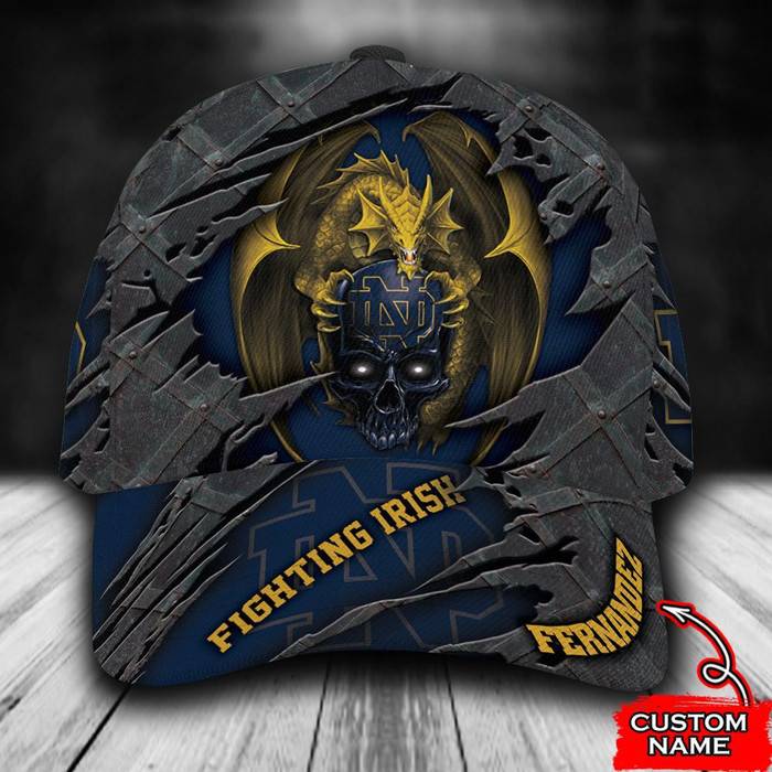 Personalized Notre Dame Fighting Irish Dragon Skull 3D Baseball Cap Navy CNI1636