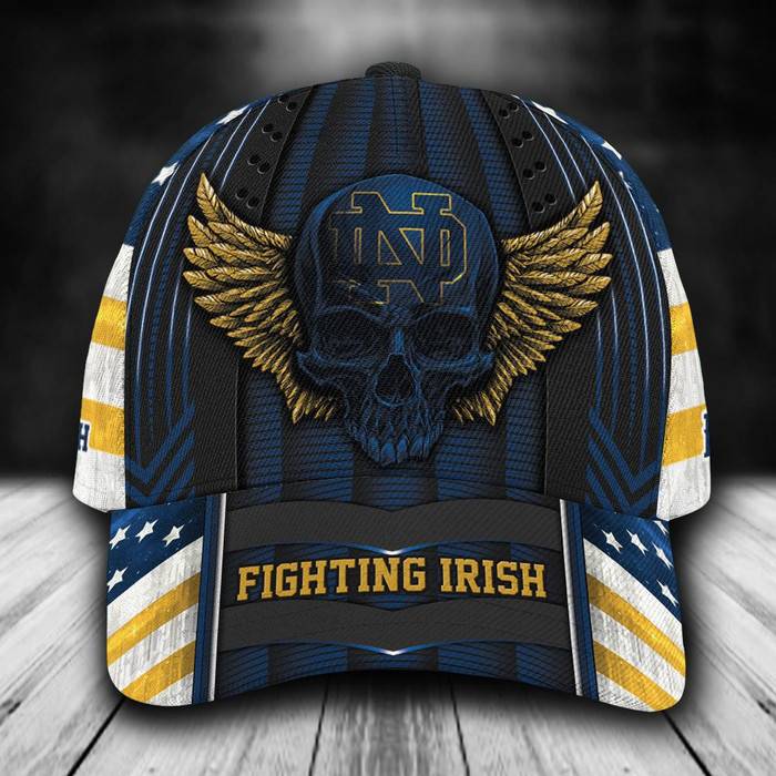 Personalized Notre Dame Fighting Irish Skull Wings 3D Baseball Cap Blue CNI1933