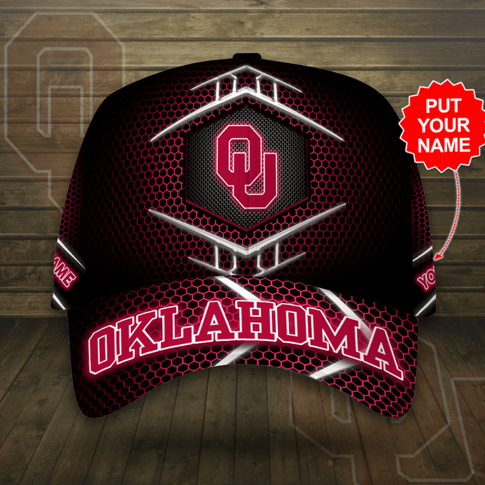 Personalized Oklahoma Sooners Beehive Hexagon Pattern 3D Baseball Cap Black Red CNI2026