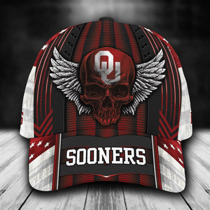 Personalized Oklahoma Sooners Skull Wings 3D Baseball Cap White Red CNI1062