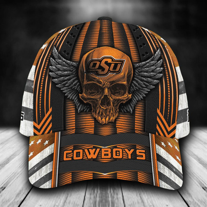 Personalized Oklahoma State Cowboys Skull Wings 3D Baseball Cap Orange CNI1658