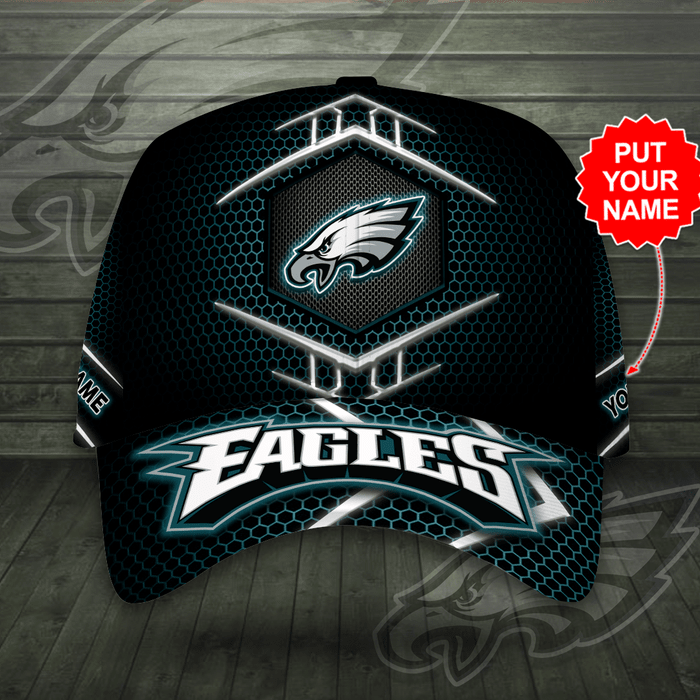 Personalized Philadelphia Eagles Beehive Hexagon Pattern 3D Baseball Cap Black Teal CNI2063